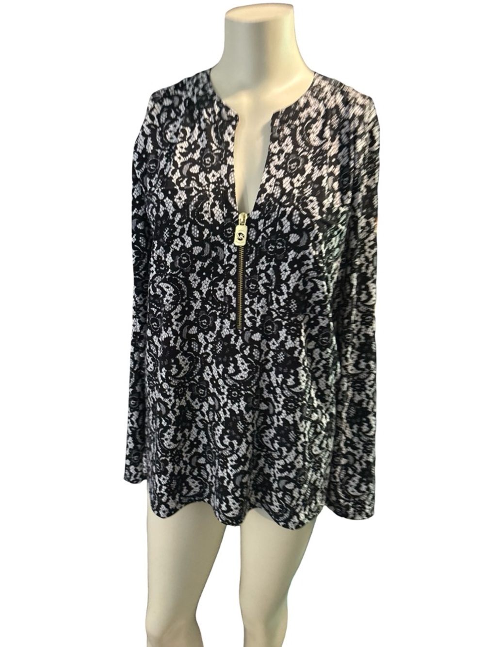 Michael Kors Black and White Lace-Print Long Sleeve Top with Zip
